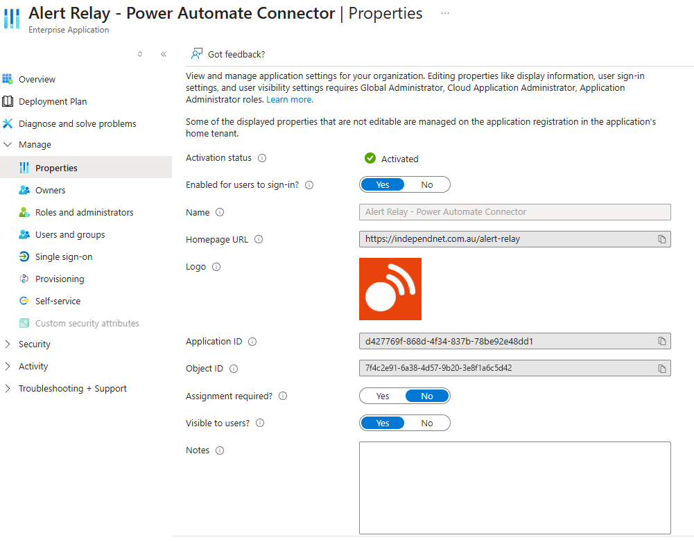 Alert Relay enterprise application properties in Microsoft Entra.