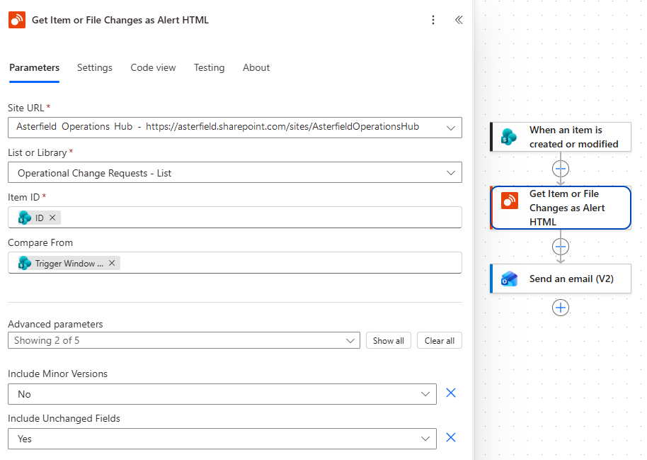 Get Item or File Changes as Alert HTML configured with required and advanced inputs in Power Automate.
