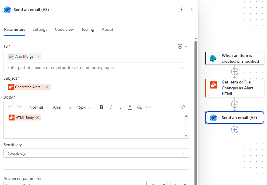 Send an email (V2) configured with Generated Alert Subject and HTML Body from Alert Relay.