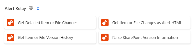 Power Automate action picker showing the four Alert Relay actions.