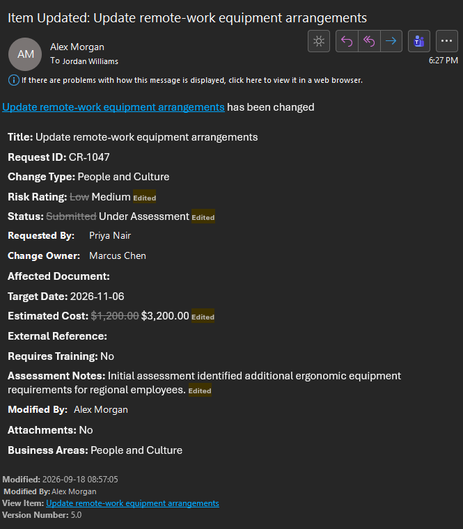 Generated Alert Relay email showing several changed fields for an operational request.