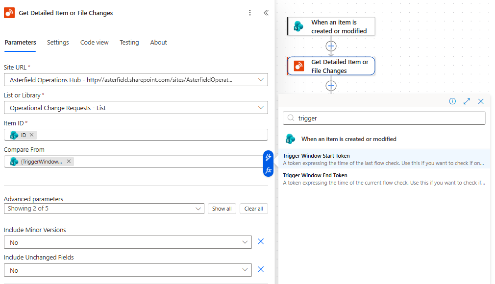 Trigger Window Start Token selected as Compare From in Get Detailed Item or File Changes.