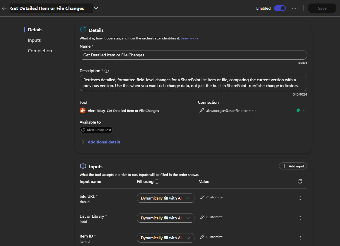 Get Detailed Item or File Changes enabled as an Alert Relay tool in Copilot Studio.
