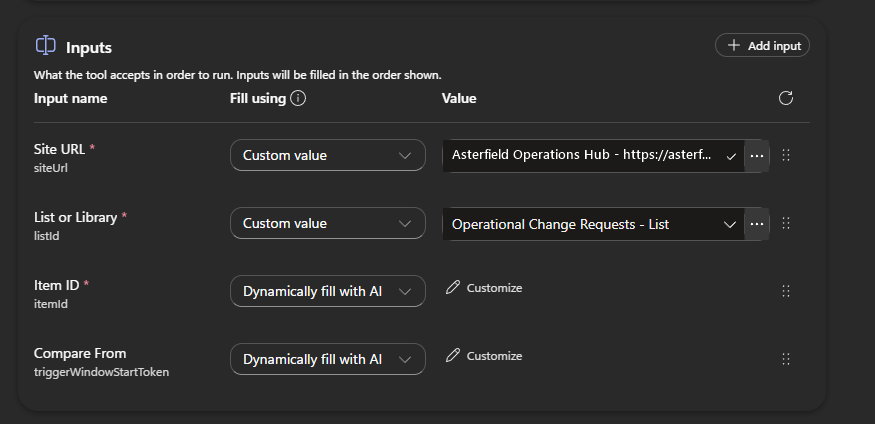 Copilot Studio inputs configured with a fixed SharePoint location and dynamic comparison inputs.