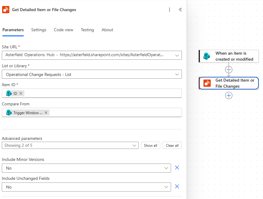 Get Detailed Item or File Changes configured with required and advanced inputs in Power Automate.