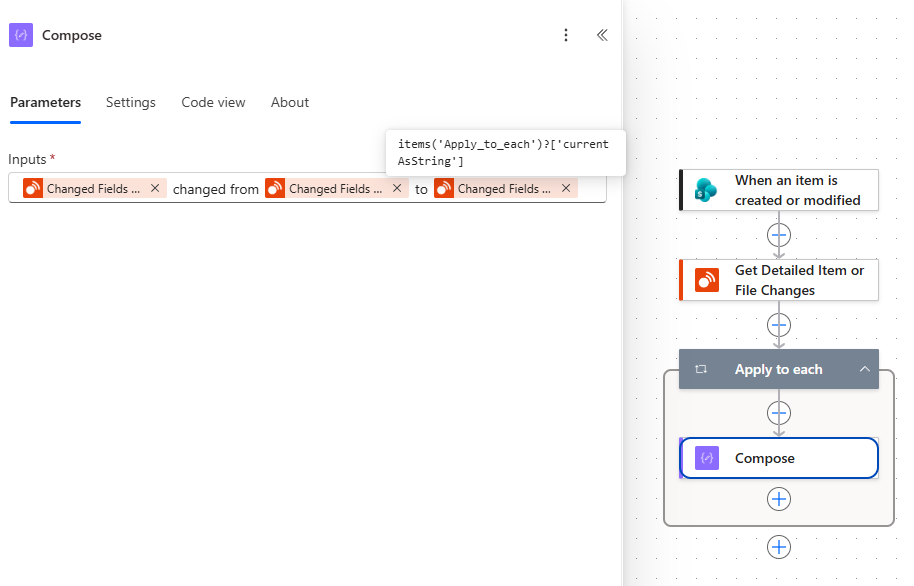 Compose action inside Apply to each using structured values from Changed Fields.