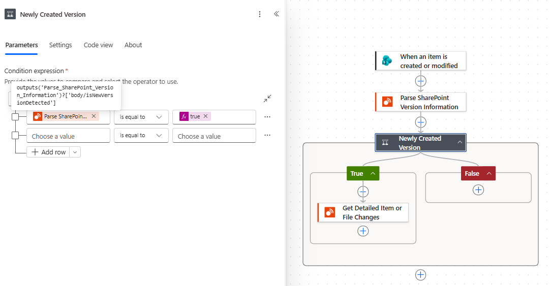 Power Automate preflight flow using Parse SharePoint Version Information before retrieving detailed changes.