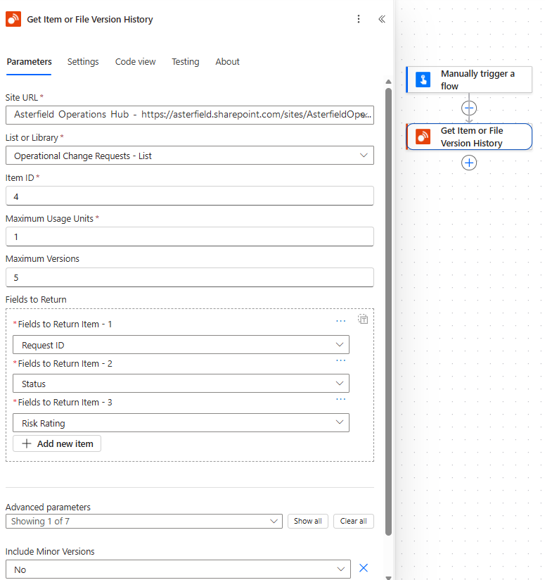 Get Item or File Version History configured with limits and selected SharePoint fields in Power Automate.