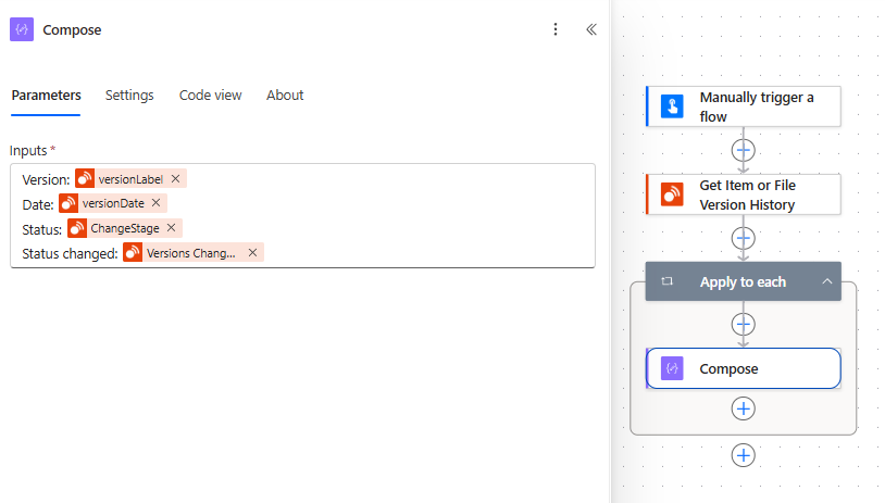 Compose action inside Apply to each using values from each returned version.
