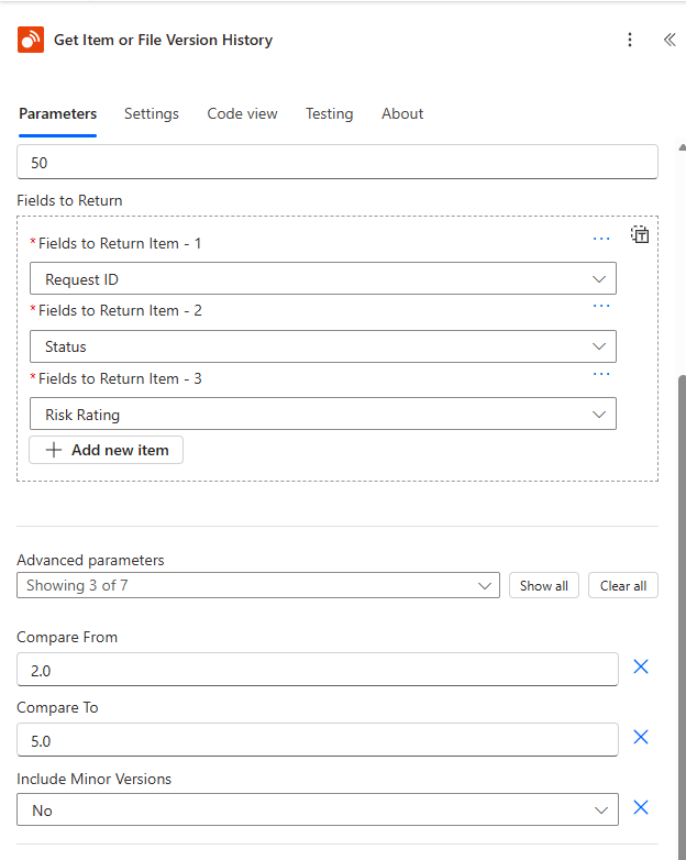 Get Item or File Version History configured with an inclusive version range from 2.0 to 5.0.