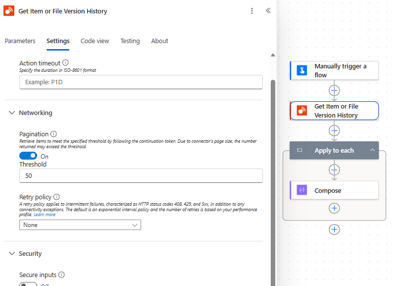 Get Item or File Version History settings with pagination enabled and a threshold of 50.