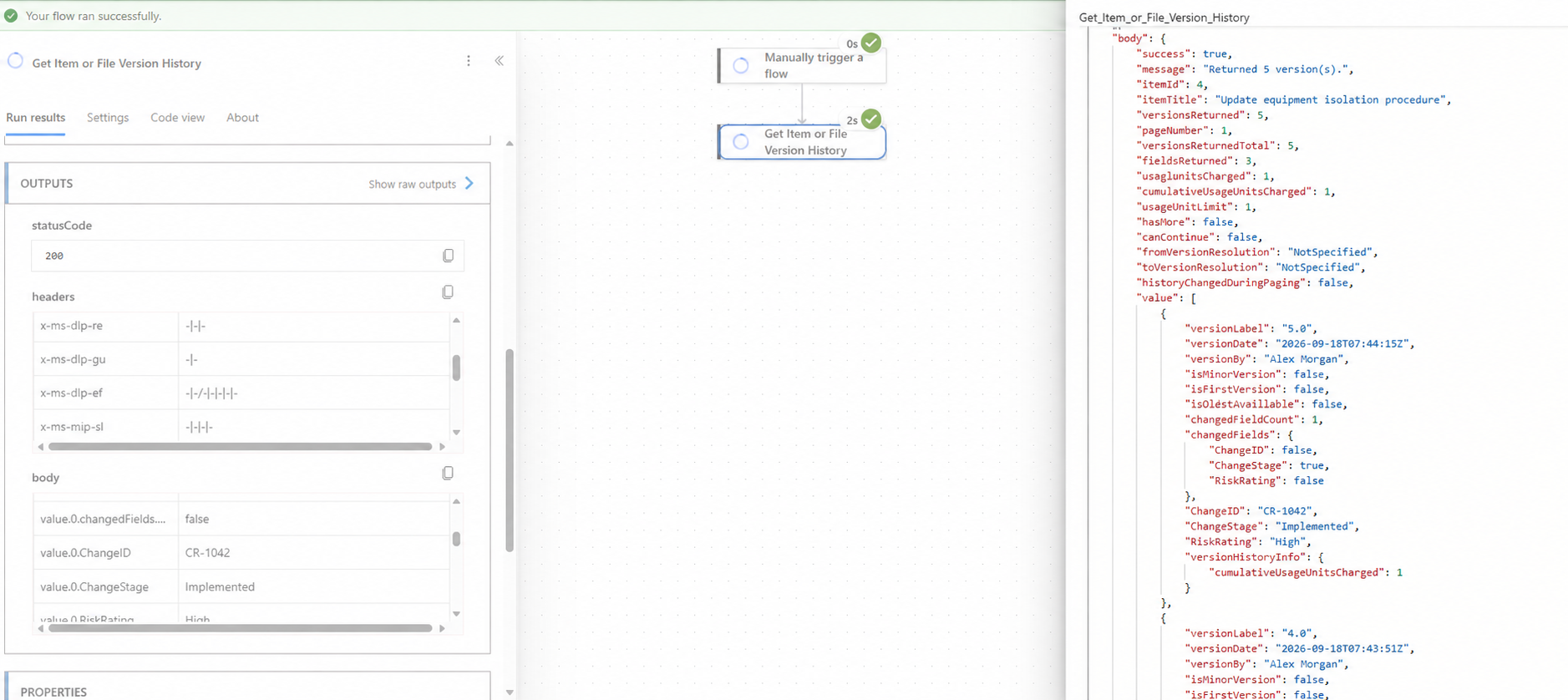 Successful Get Item or File Version History run showing returned versions and selected field values.