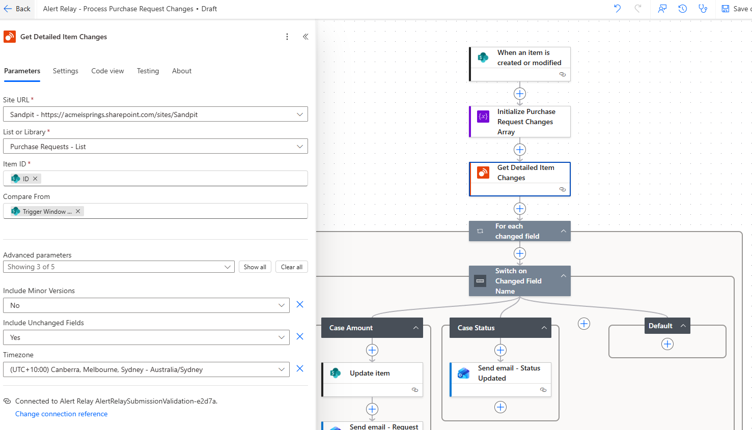Alert Relay changed details action in Power Automate